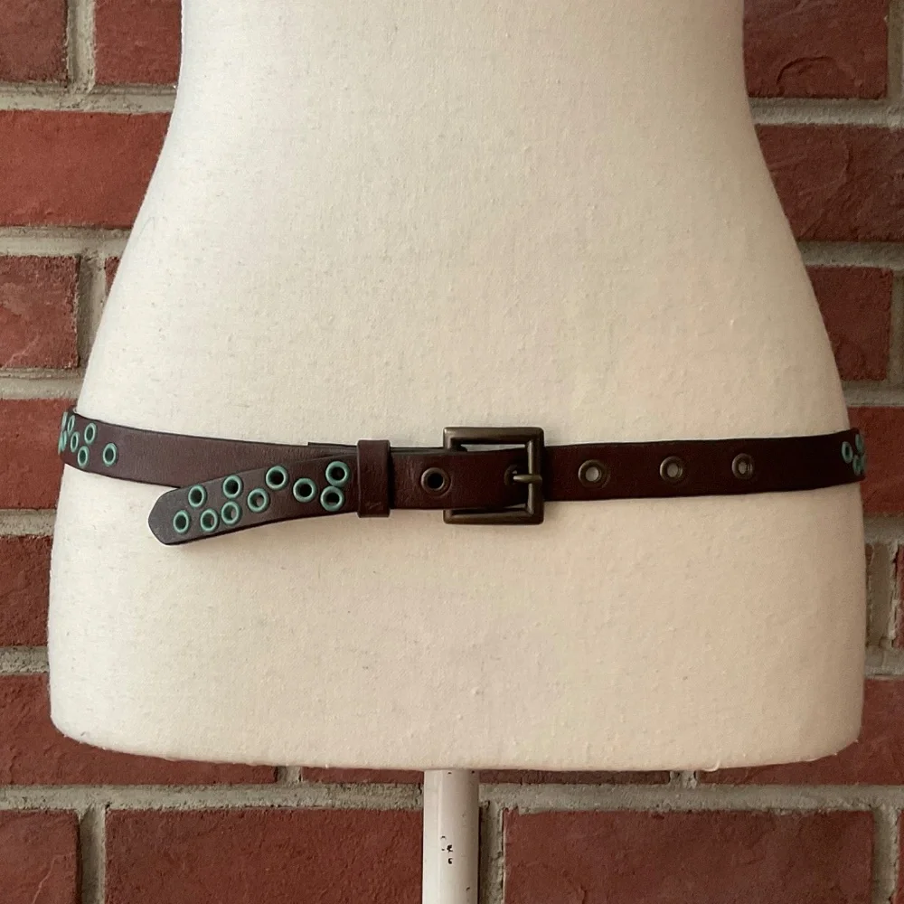 Brown Leather Boho Belt Blue Decorative Holes Size 31”-35”